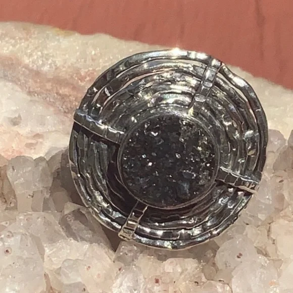 New BLACK DRUZY QUARTZ 925 SILVER RING, SZ 6 - Picture 1 of 7